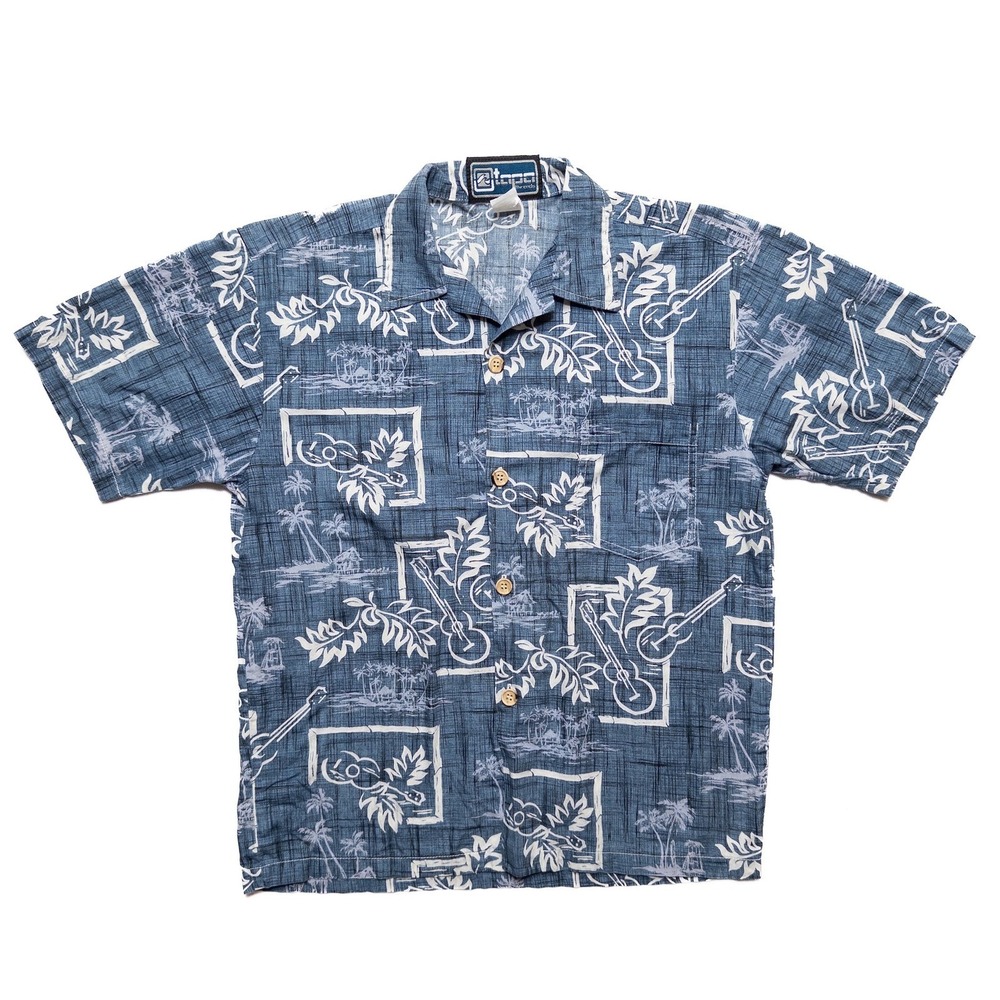 Tapa Threads‎ Hawaiian Aloha Shirt Men's Small Blue Guitar Palm Tree Print